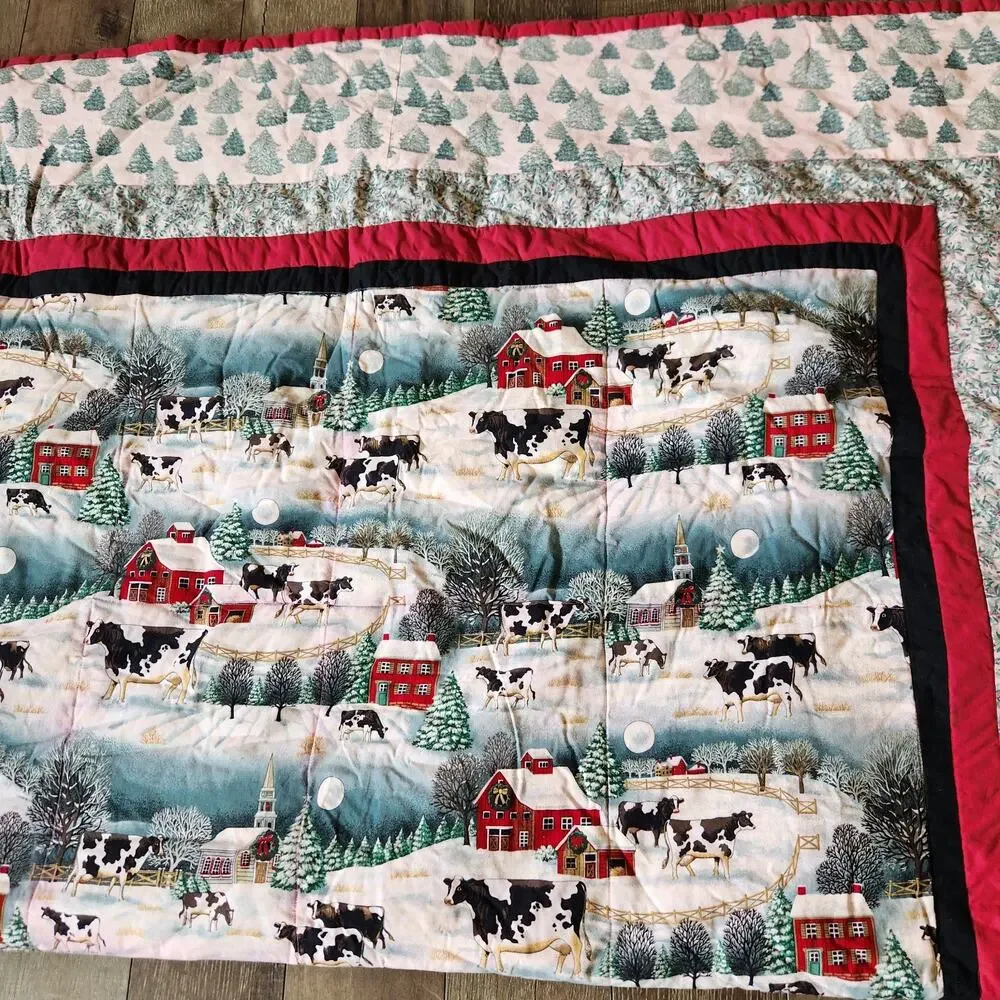 Handmade Christmas Quilt Snowy Farmhouse Red Barn Church Steeple Cows 77x66